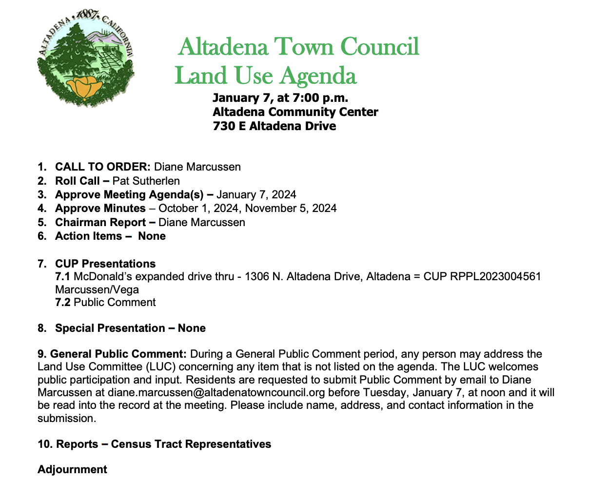 Altadena Town Council Land Use Committee Meeting, Tuesday January 7th